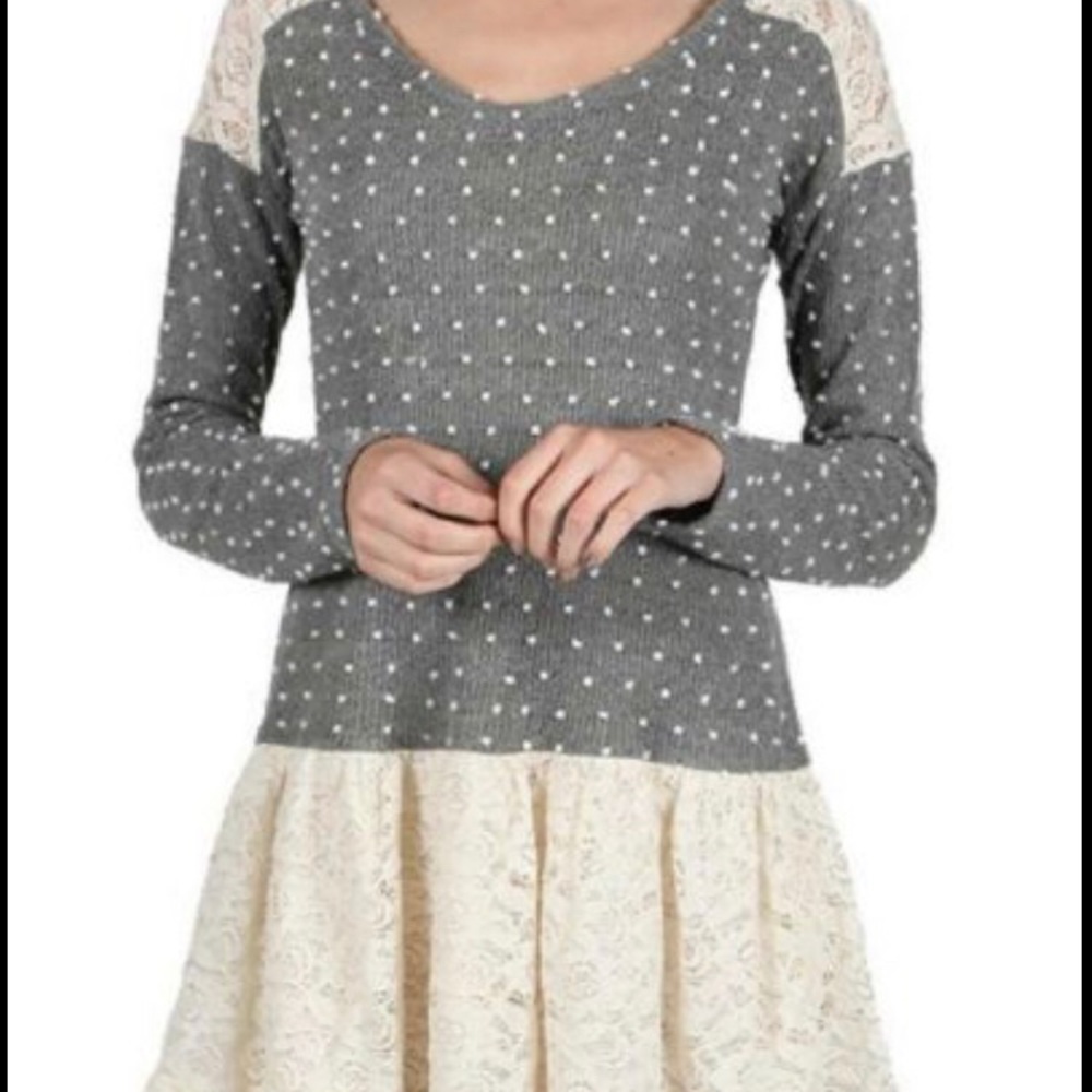 Boutique lace and dotted grey sweater. Size S